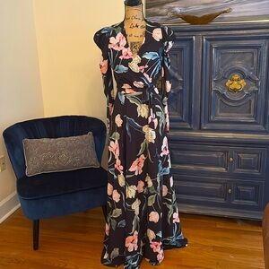 YUMI KIM Designer Maxi Dress puff sleeve romantic gothic black pink floral XS